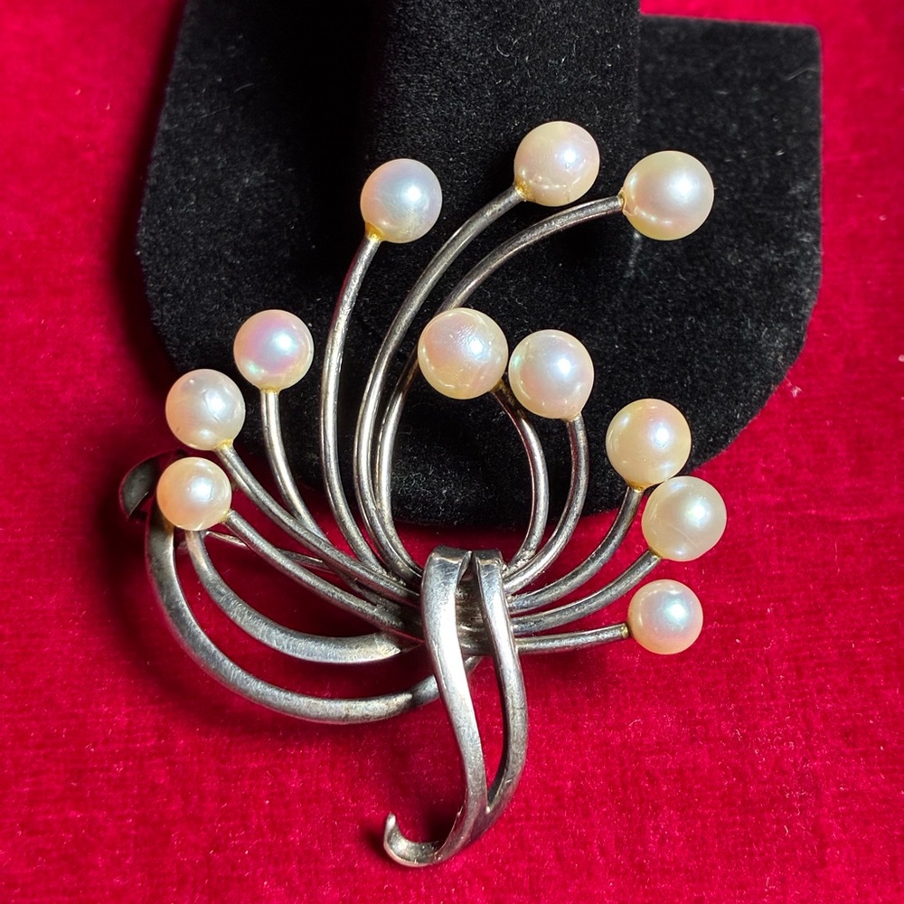 Vintage Japanese Akoya Pearl Sterling Silver Spray Brooch Pin
